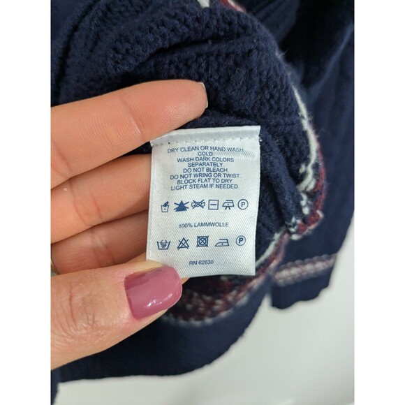 Lands End Men's Lambswool Cable Knit Fair Isle Sweater Navy Shawl Collar Sz XL - Picture 9 of 10